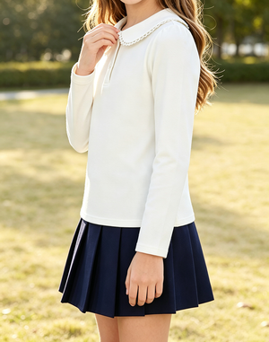 Girls Peter Pan Collar Long Sleeve Blouse, Lace Trim Puff Sleeve Solid School Overview