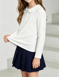 Girls Peter Pan Collar Long Sleeve Blouse, Lace Trim Puff Sleeve Solid School Overview