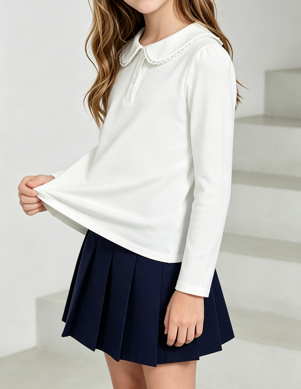 Girls Peter Pan Collar Long Sleeve Blouse, Lace Trim Puff Sleeve Solid School Overview