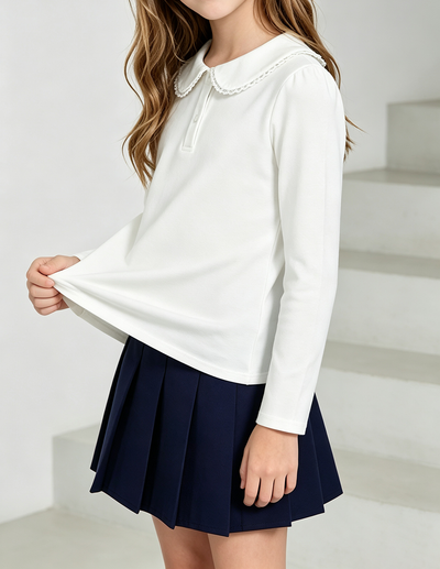 Girls Peter Pan Collar Long Sleeve Blouse, Lace Trim Puff Sleeve Solid School Overview