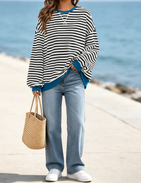 Women's Color Block Striped Oversized Sweatshirt, Crew Neck Long Sleeve Loose Casual Pullover Top